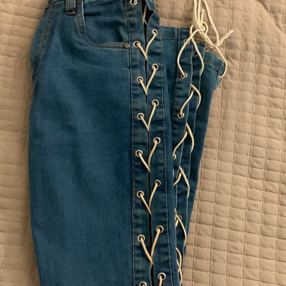 Tie up blue skinny jeans size 8